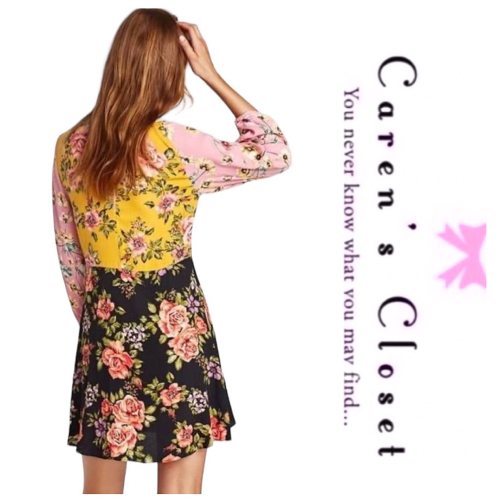 Zara Mixed Floral Long Sleeve Tie Neck Boho Chic Dress - Picture 3 of 12